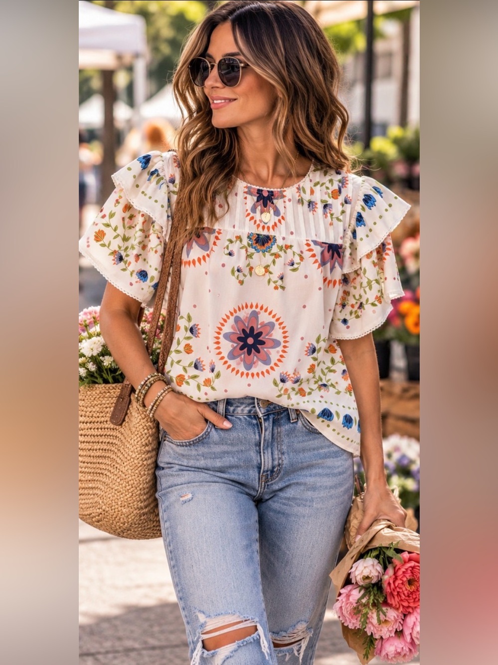 Rose + Olive Floral Boho Ruffle Flutter Sleeve Rayon Blouse
